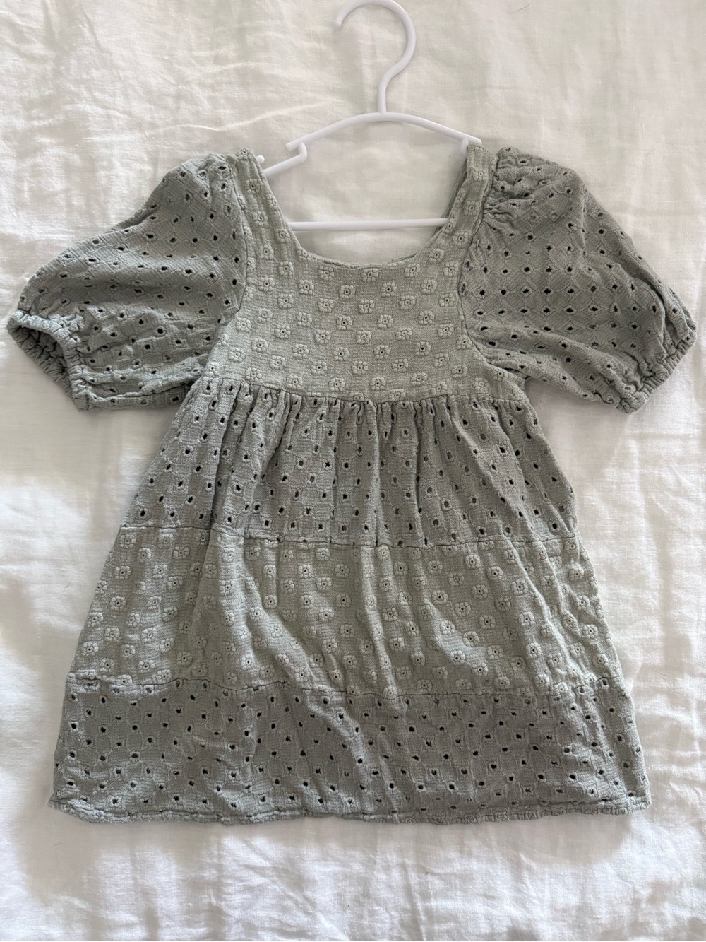 Rylee + Cru Girls' Eyelet Puff-Sleeve Dress in Sage Green